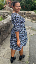 CurveWow Double Layer Tea Dress Blue Black Floral