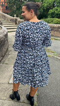 CurveWow Double Layer Tea Dress Blue Black Floral