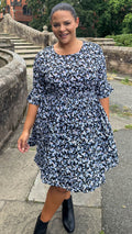 CurveWow Double Layer Tea Dress Blue Black Floral