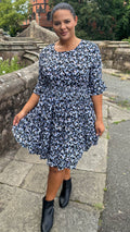 CurveWow Double Layer Tea Dress Blue Black Floral