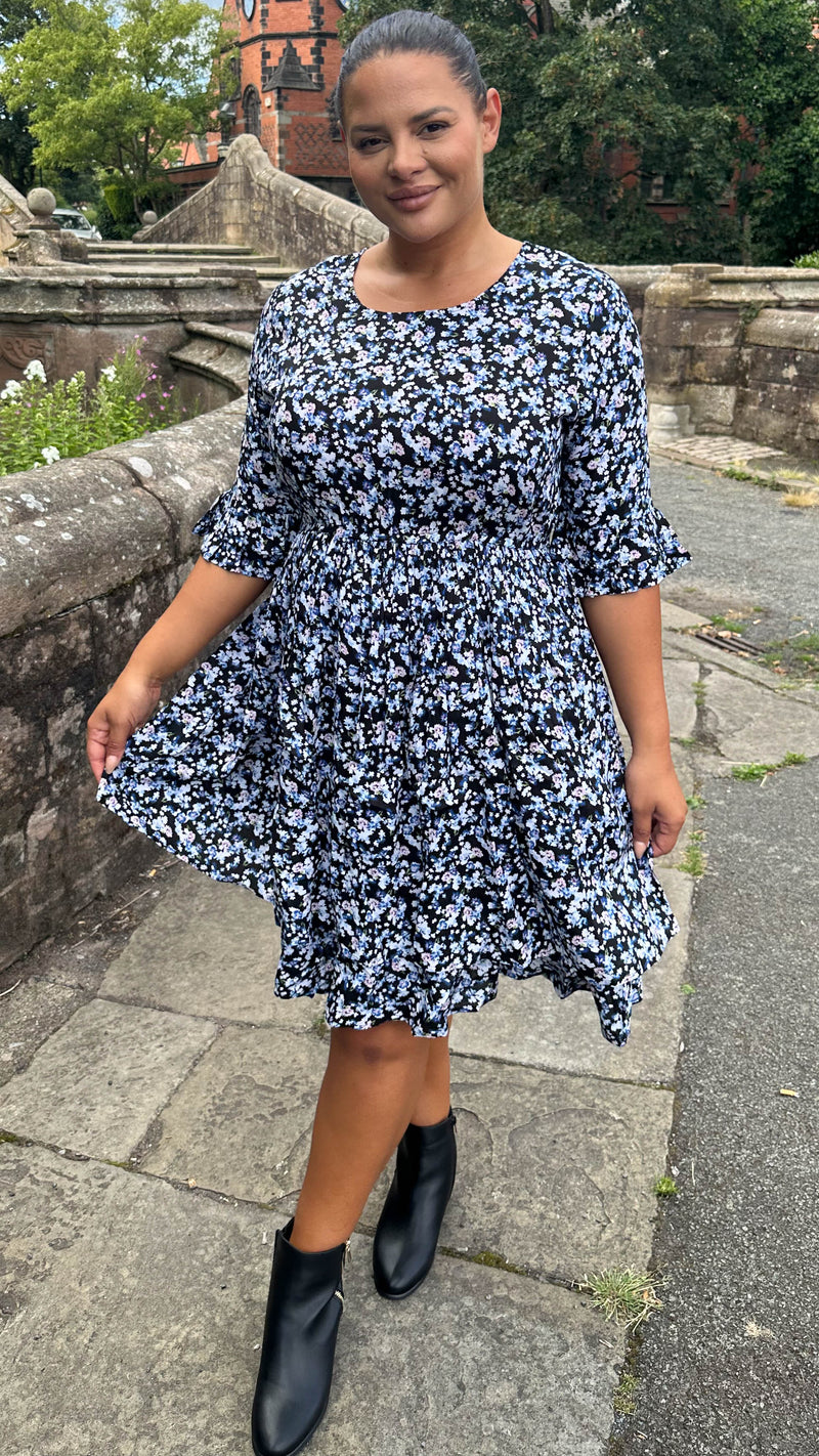 CurveWow Double Layer Tea Dress Blue Black Floral