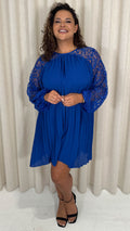 CurveWow Crochet Lace Pleated Swing Dress Cobalt Blue