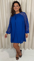 CurveWow Crochet Lace Pleated Swing Dress Cobalt Blue