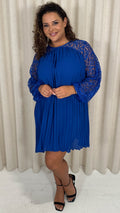 CurveWow Crochet Lace Pleated Swing Dress Cobalt Blue