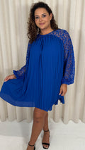 CurveWow Crochet Lace Pleated Swing Dress Cobalt Blue