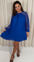 CurveWow Crochet Lace Pleated Swing Dress Cobalt Blue