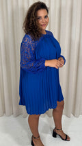 CurveWow Crochet Lace Pleated Swing Dress Cobalt Blue