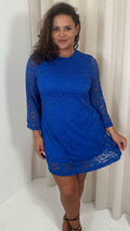 CurveWow Floral Lace Shift Dress Cobalt Blue