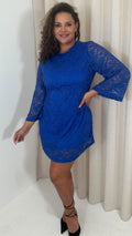 CurveWow Floral Lace Shift Dress Cobalt Blue