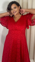 CurveWow Lace Angel Sleeve Maxi Dress Red