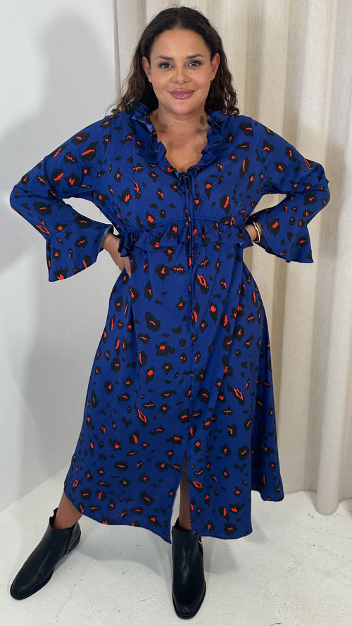 CurveWow Ruffle Button Front Flare Sleeve Midi Dress Blue Animal