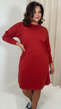 CurveWow Crew Neck Side Split Sweat Dress Rust