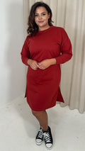 CurveWow Crew Neck Side Split Sweat Dress Rust