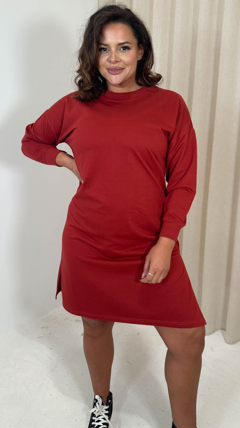 CurveWow Crew Neck Side Split Sweat Dress Rust