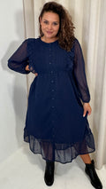 CurveWow Dobby Frill Shirt Dress Navy