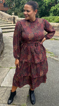 CurveWow Tiered Belt Midi Dress Rust Mixed Animal