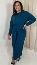 CurveWow Midi Jumper Dress With Tie Waist Dark Teal