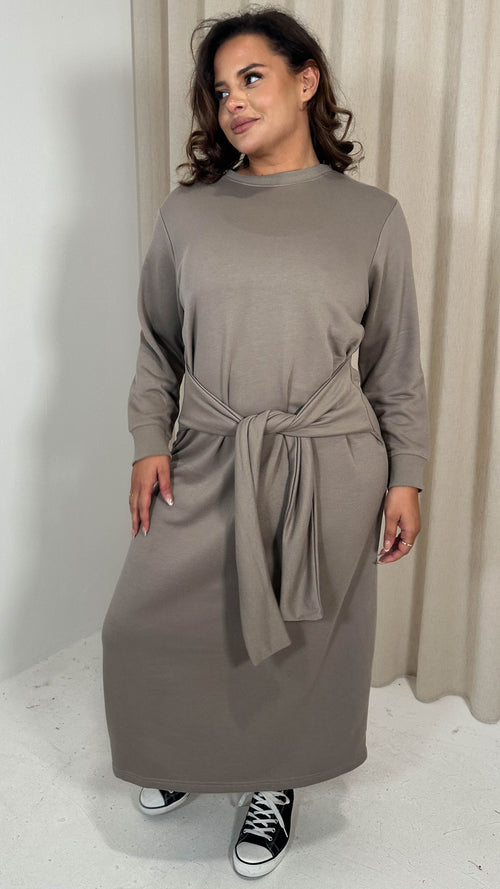 CurveWow Midi Jumper Dress With Tie Waist Beige