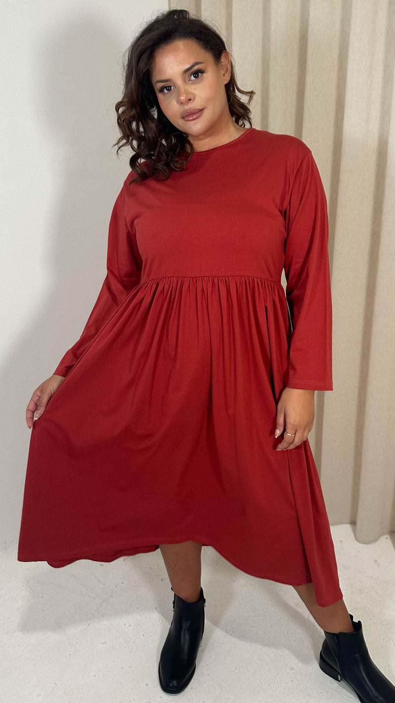 CurveWow Long Sleeve Elasticated Waist Midi Dress Rust