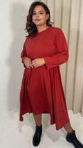 CurveWow Long Sleeve Elasticated Waist Midi Dress Rust