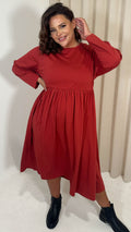 CurveWow Long Sleeve Elasticated Waist Midi Dress Rust