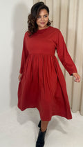 CurveWow Long Sleeve Elasticated Waist Midi Dress Rust