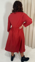 CurveWow Long Sleeve Elasticated Waist Midi Dress Rust