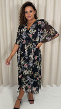 CurveWow Angel Sleeve Wrap Midi Dress Black Floral