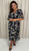 CurveWow Angel Sleeve Wrap Midi Dress Black Floral