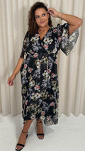 CurveWow Angel Sleeve Wrap Midi Dress Black Floral