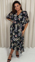 CurveWow Angel Sleeve Wrap Midi Dress Black Floral