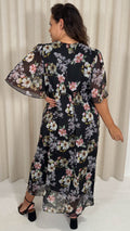 CurveWow Angel Sleeve Wrap Midi Dress Black Floral