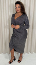 CurveWow Sparkle Wrap Ruched Midi Dress Black/Silver