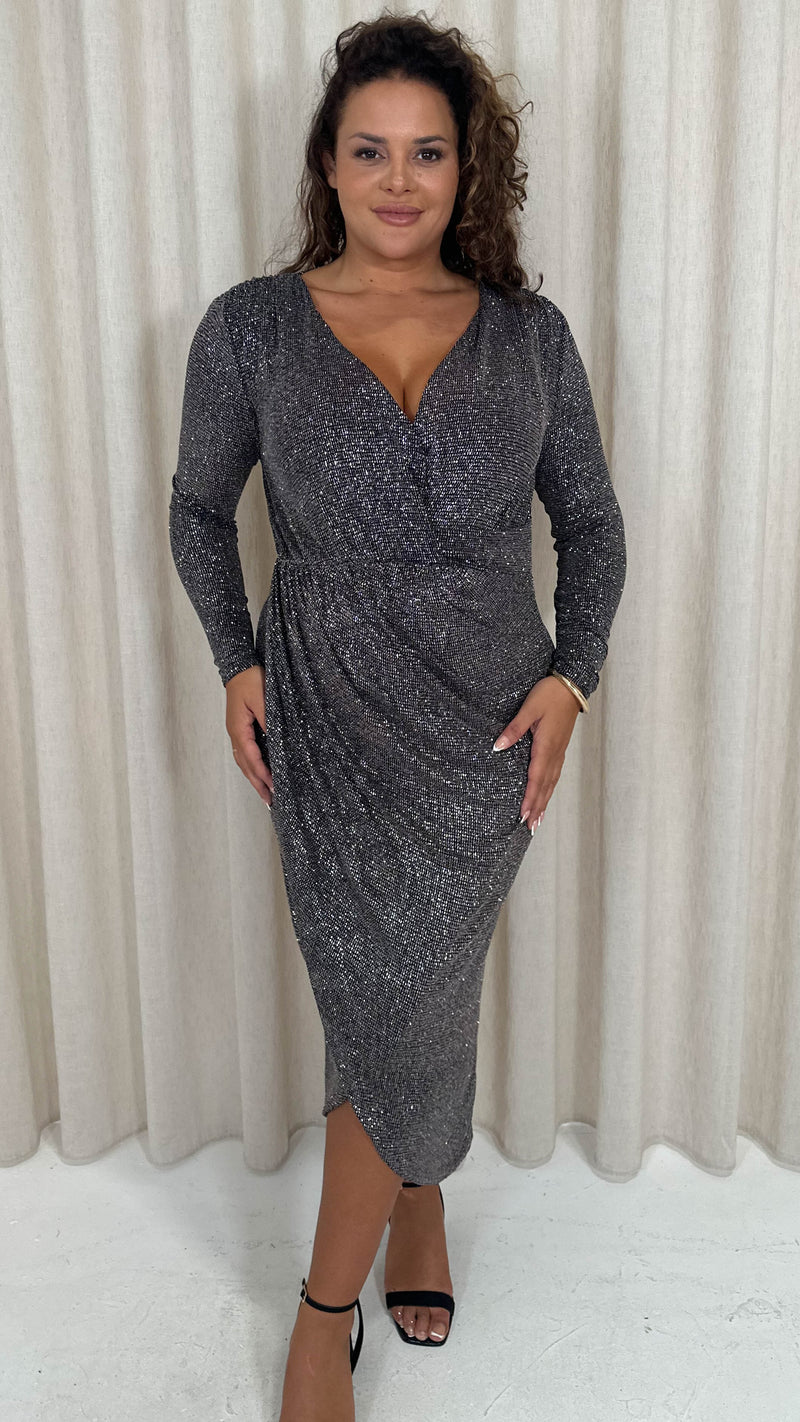 CurveWow Sparkle Wrap Ruched Midi Dress Black/Silver