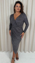 CurveWow Sparkle Wrap Ruched Midi Dress Black/Silver