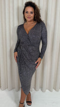 CurveWow Sparkle Wrap Ruched Midi Dress Black/Silver