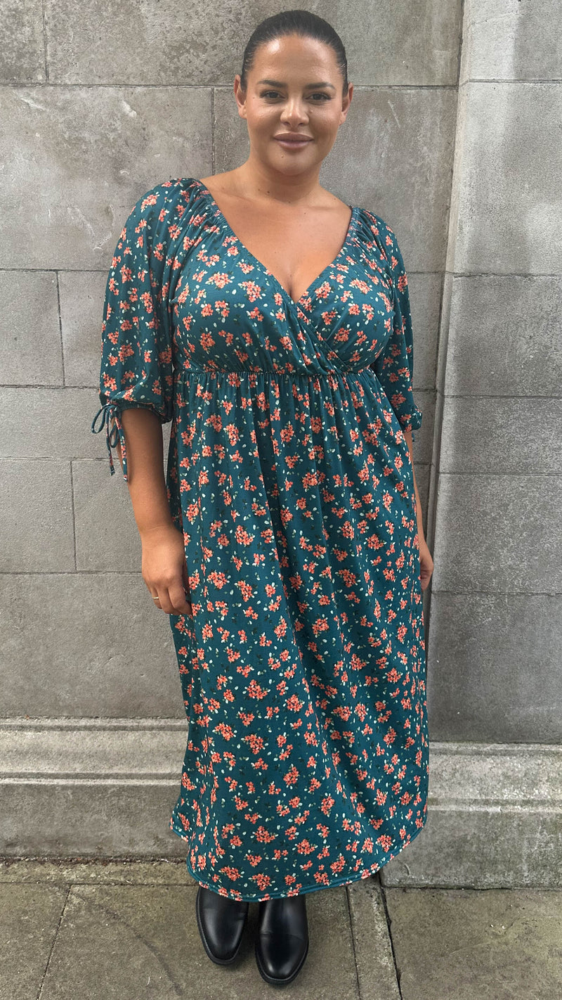 CurveWow Wrap 3/4 Balloon Sleeve Dress Green Floral