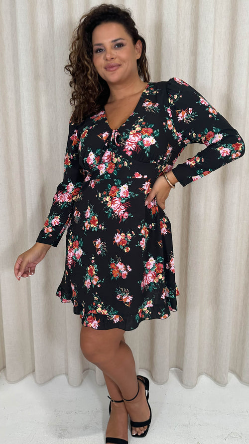 CurveWow Tie Front Mini Dress Black Floral