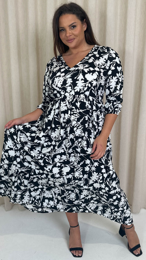 CurveWow Tiered Balloon Sleeve Maxi Dress Black Floral