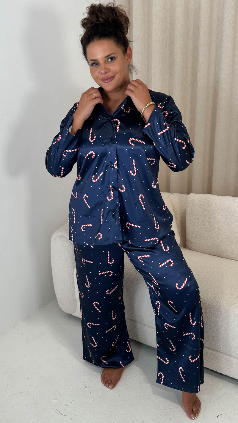 CurveWow Printed Satin Pyjama Set Navy Candy Cane