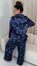 CurveWow Printed Satin Pyjama Set Navy Candy Cane