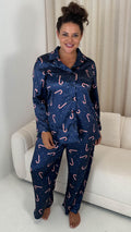 CurveWow Printed Satin Pyjama Set Navy Candy Cane