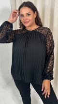 CurveWow Crochet Lace Pleated Swing Top Black