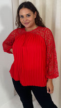 CurveWow Crochet Lace Pleated Swing Top Red