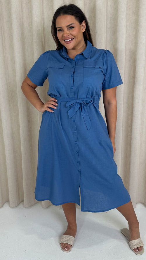 CurveWow Short Sleeve Pocket Utility Dress Blue