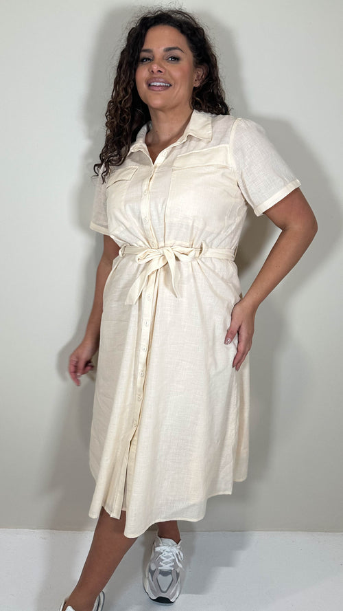 CurveWow Short Sleeve Pocket Utility Dress Beige