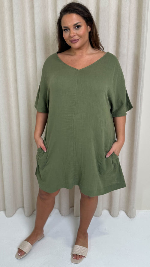 CurveWow Cotton Pocket Dress Khaki