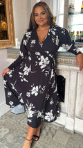 CurveWow Petite Long Sleeve Wrap Dress Black White Floral