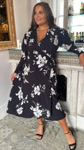 CurveWow Petite Long Sleeve Wrap Dress Black White Floral