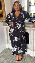 CurveWow Petite Long Sleeve Wrap Dress Black White Floral